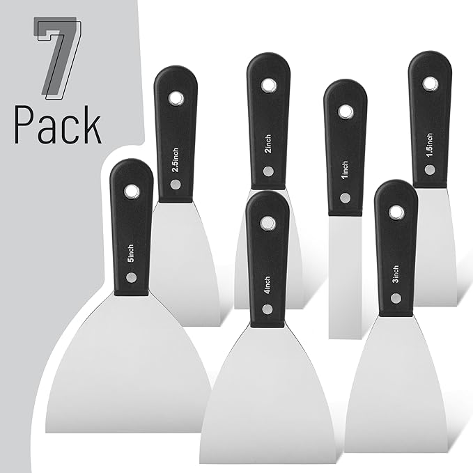 Bates- Putty Knife Set, 7 Pack, Carbon Steel, 1", 1.5", 2", 2.5", 3", 4", 5", Putty Knives, Drywall Knife Set, Putty Knife Scraper Tool, Spackle Knife Set, Paint Scraper Tool, Drywall Knifes Set