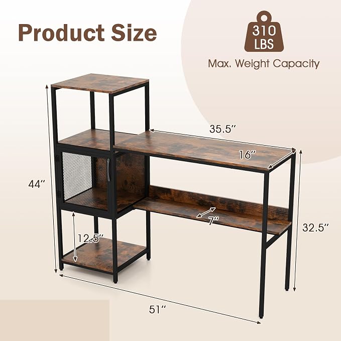 Giantex Computer Desk with Bookshelf, Modern Computer Workstation Home Office Desk with Storage Cabinet & Shelves, Metal Frame, Study Writing Desk for Small Space, Bedroom, Rustic Brown