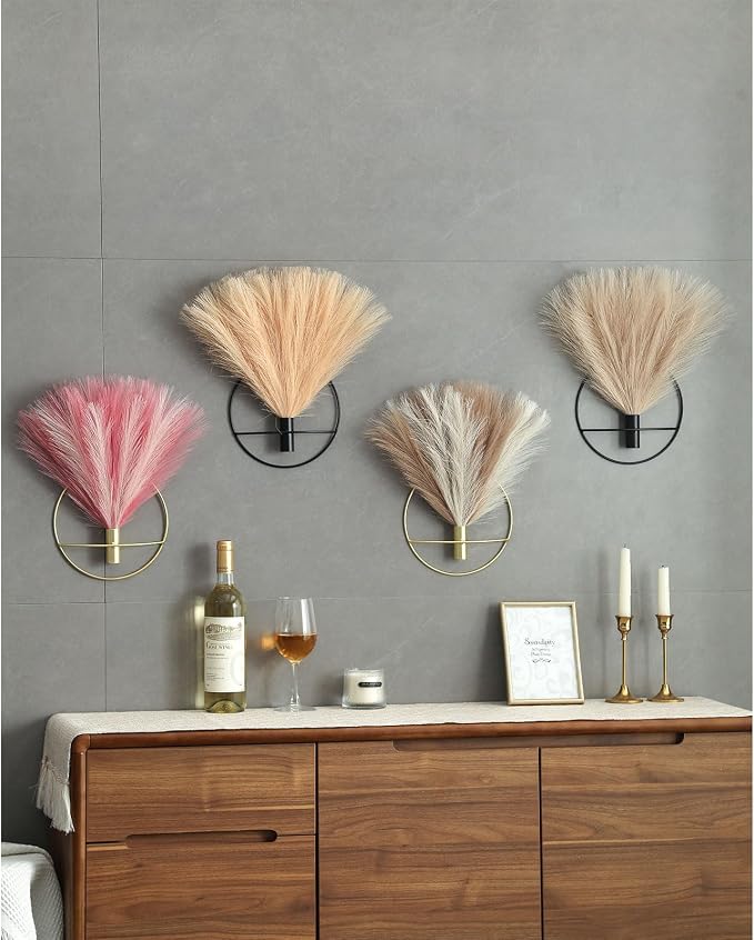 Pretty Jolly Boho Pampas Pink Wall Decor Gold Metal Art | Morden Artificial Greenery Display，2 Pack Gold Hanging Planter For Living Room, Bedroom, Bathroom, Dining room