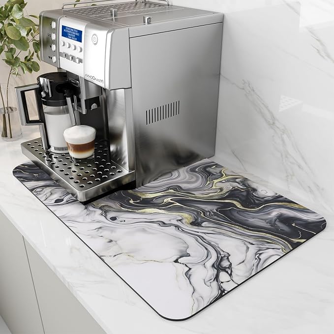 AMOAMI Dish Drying Mat for Kitchen Counter-Coffee Mat Bar Accessories, Hide Stain, Rubber Backed, Absorbent, Fit Under Coffee Maker, Espresso Machine, Pot, Dish Rack,(16X24,Marble,Black)