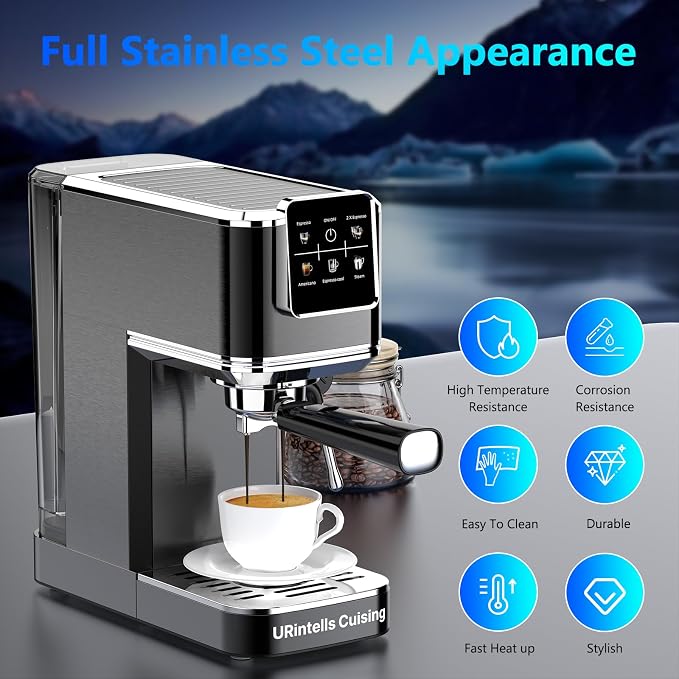 URintells Cuising Espresso Machine with Touchscreen And Cold Brew | 20Bar Pump,Stainless Steel Espresso Maker with Powerful Steam Milk Frother for Cappuccino Latte,Iced Americano