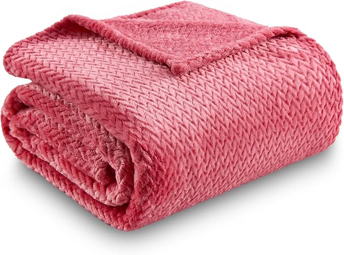 NEWCOSPLAY Fleece Leaves Pattern Twin Blanket, Coral Pink, 60"x80" | Super Soft Throw Blanket, Lightweight Cozy Bed Sofa Blanket, Premium Silky Flannel Fleece, Travel Blanket for All Season Use