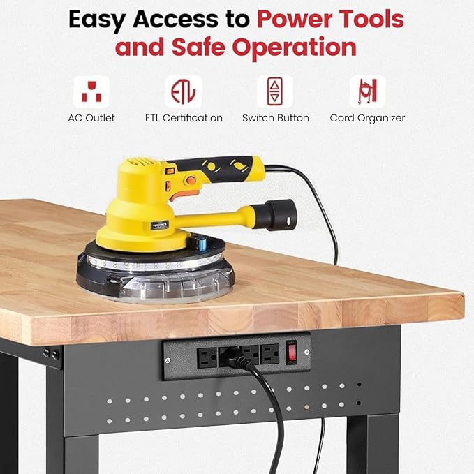 ENJOYWOOD 60" x 22" Heavy Duty Workbench with Wheels, Adjustable Height Garage Work Table with Solid Rubberwood Top, Double Layer Shelf, Sided Pegboard & Power Outlets for Home & Workshop