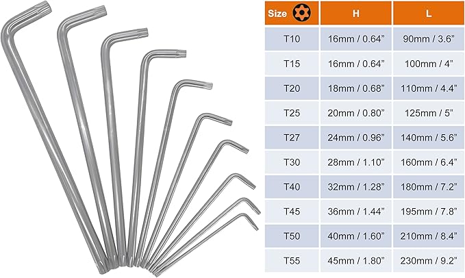 NordWolf 10-Piece Torx Wrench Set, S2 Steel Long Arm Security Star Keys, Sizes T10 to T55
