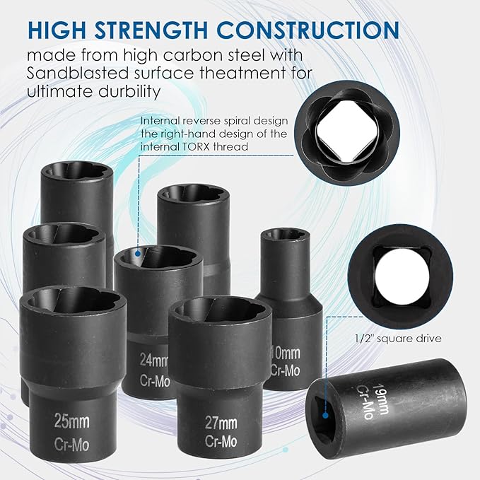 Lug Nut Removal Tool,13 PCS Bolt Extractor, 1/2 Inch Drive Lug Nut Extractor Set, Easy Out Lug Nut remover for Damaged, Frozen, Studs, Rusted, Rounded-Off Bolts & Nuts Screws