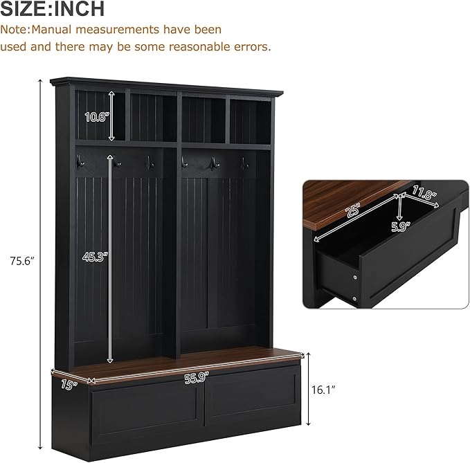 LUMISOL Mudroom Entryway Hall Tree with Storage Bench, 4-in-1 Farmhouse Coat Rack with Open Compartments and 2 Large Drawer for Entryway, Hallyway Shoe Cabinet with 6 Hanging Hooks, Black