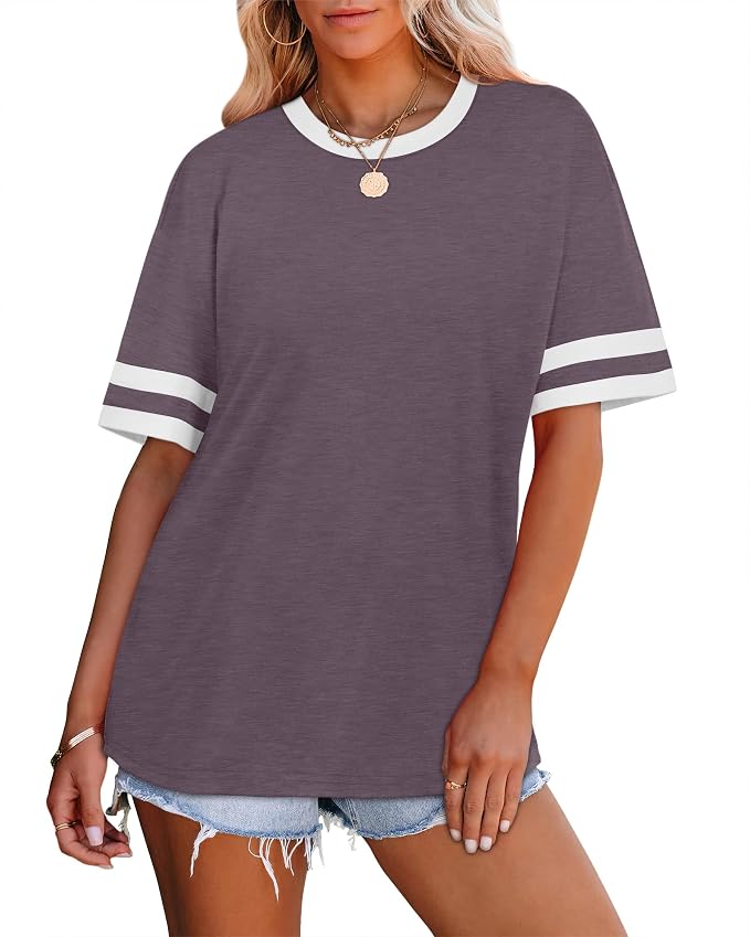 WIHOLL Womens T Shirts Loose Fit Short Sleeve Tees Crew Neck Color Block Summer Tops 2026 Fashion