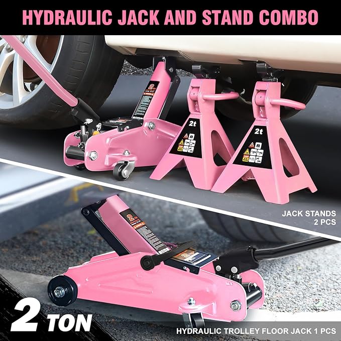 PM PERFORMOTOR Low Profile Hydraulic Trolley Service/Floor Jack Combo with 2 Ratchet Jack Stands, 2 Ton (4000 lbs) Capacity, Pink, PM-TOL-FJ3P-PK