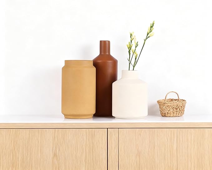 Modern 3 Piece Ceramic Vase Set - Minimalist Home Decor Vases for Living Room, Bedroom, or Entryway - Modern Neutral Table Decor for Flowers or Greenery, Shelf and Mantel Accent