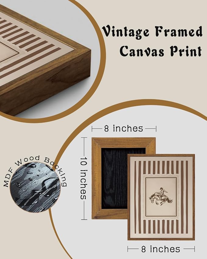 ZZLWBKGL Western Wall Decor Cowboy Canvas Art Vintage Framed Wall Art | Farmhouse Striped Painting Retro Nursery Artwork Mid Century Aesthetic for Living Room Bedroom 8x10in