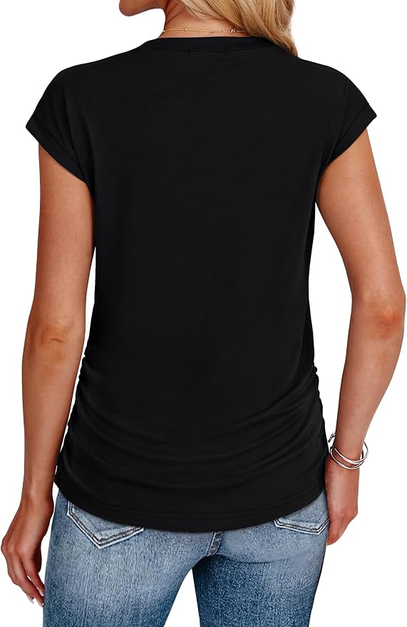 Sampeel Womens Summer Tops Trendy 2026 Ruched Cap Short Sleeve Tshirts Shirts Crew Neck T Shirts Fashion