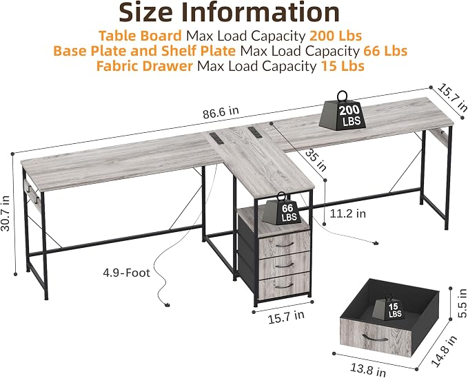 YOSHOOT 2 Person Computer Desk, 87" Long Gaming Desk for 2 People | Double Desk with 3 Fabric Drawers and 2 Power Outlets, Home Office Table for Adults and Teenagers, Grey