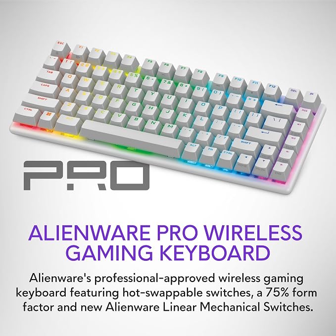 Alienware Pro Wireless Gaming Keyboard, Linear Mechanical, RGB | 2.4GHz, Bluetooth 5.1, USB Wired, N-Key Rollover, PBT Double-Shot Keycaps, Detachable USB Paracord Cable, Lunar Light