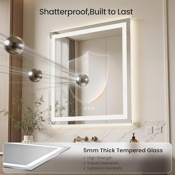 30X36 LED Bathroom Mirror with Lights, Anti-Fog, Dimmable - Lighted Bathroom Vanity Mirror with Front & Back Light, 3 Color Temperatures, Memory Function, Tempered Glass (Horizontal/Vertical)