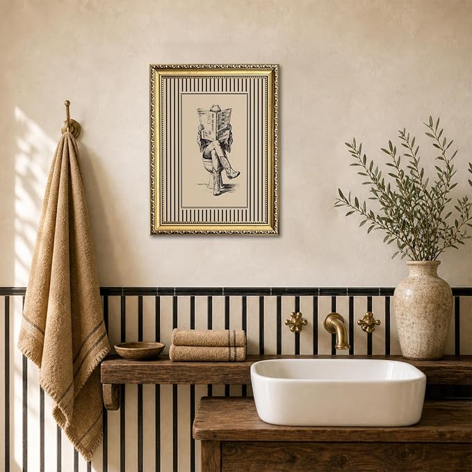 Gold Framed Funny Cowgirl Bathroom Wall Art Western Cowgirl Reading Newspaper on Toilet Wall Decor, Farmhous Vintage Cowboy Bathroom Poster Canvas Painting Print Picture 12x16 inch