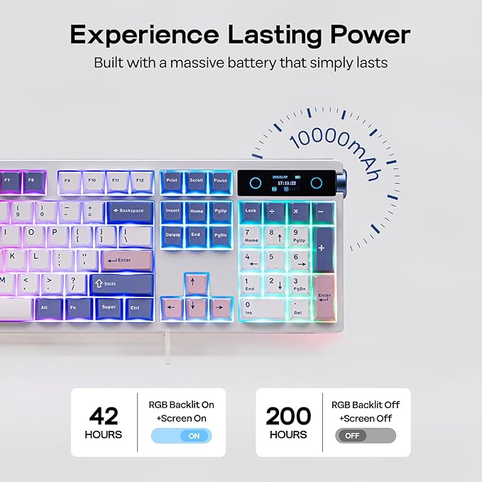 EPOMAKER TH108 PRO Full Size Mechanical Keyboard with Screen & Knob, Wireless Gaming Keyboard with 10000mAh, Creamy Gasket, Hot Swap, Custom Driver, RGB Backlight (White, Sea Salt Silent)