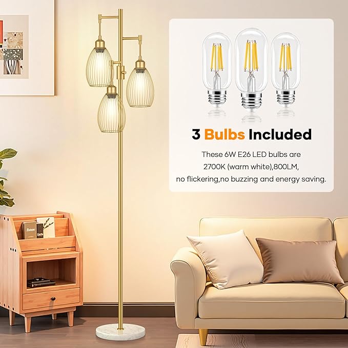 Dimmable Floor Lamp,3x800LM LED Bulbs Included, Farmhouse Industrial Floor Lamp Standing Tree Lamp with Teardrop Cage Head Tall Lamp for Living Room Bedroom Office Dining Room - Gold & Marble Base