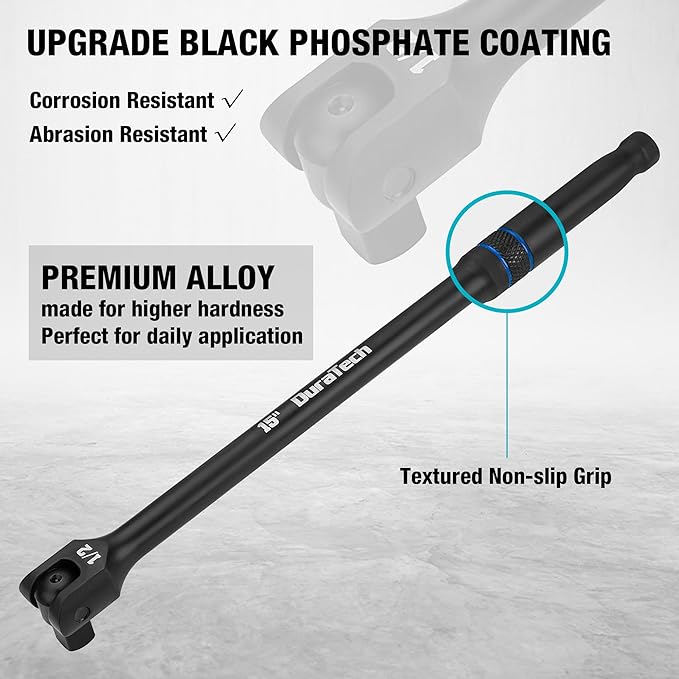 DURATECH 3PCS Breaker Bar Set, 1/4", 3/8", 1/2" Drive, 180°Rotatable Head, 6", 10”, 15" Length, Premium Chrome Alloy Made, Black
