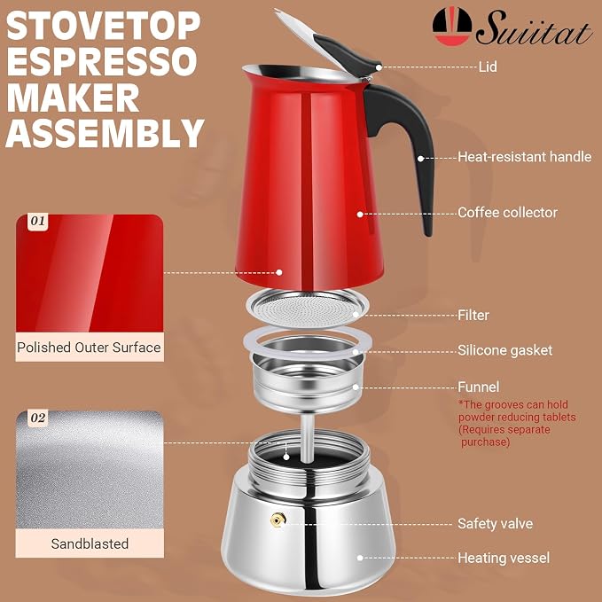 9 Cup Stainless Steel Moka Pot, 450ml Stovetop Espresso Maker, Red | 304 Stainless Steel Mocha Pot, Induction Compatible, Greca de Cafe, Cuban and Italian Coffee Maker