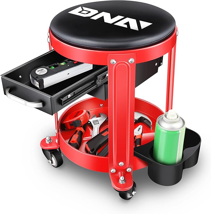DNA Motoring TOOLS-00197 Round Mechanics Roller Seat Creeper Stool With Padded Cushion, Tool Storage Drawer & Tray, 300 Lbs Max Weight Capacity