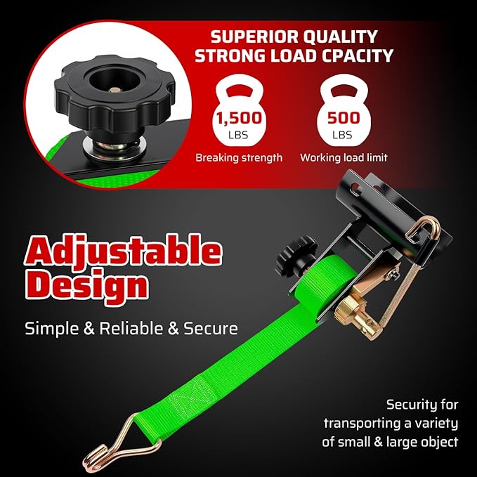 Green Rack Straps with J-Hook (2PK),1.5" x7.5' Ladder Rack Ratchet Straps, 2" Round Tube Mount, Perfect Ladder Rack Tie-Downs for Trailer Cargo Control