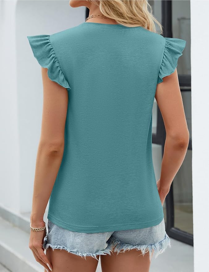 JUSTFASHIONNOW Womens Summer Tops Striped T-Shirts 2026 Ruffle Short Sleeve Crew Neck Casual Blouses with Pocket