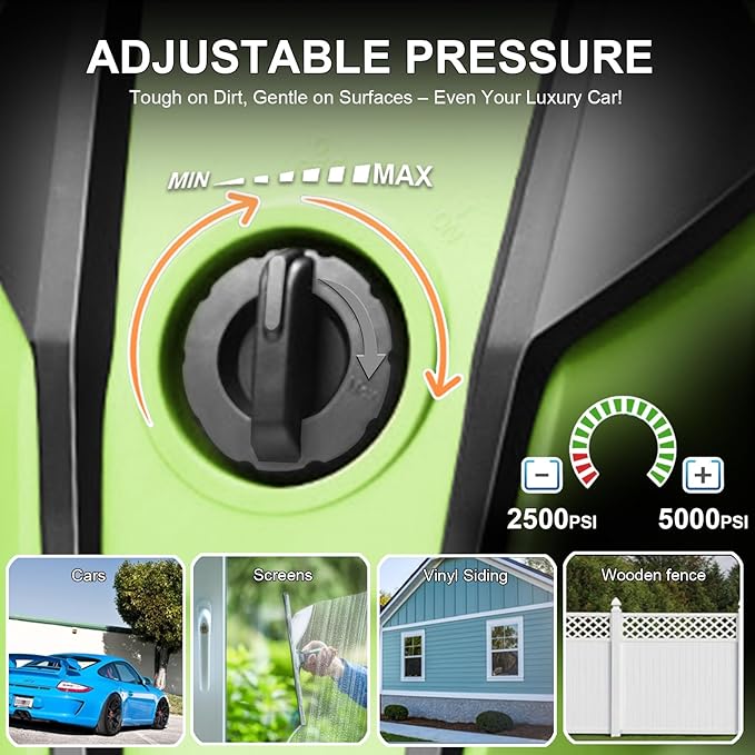 Pressure Washer 5000PSI Adjustable Pressure Power Washers with 33ft Hose, 4 Nozzle and Foam Cannon, Powerwashers Cleaner Machine for Home, Cars, Light Green