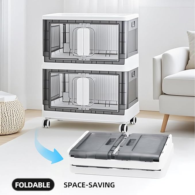 Folding Storage Organizer with Silent casters | Stackable Design for Home & Office, Heavy-Duty Plastic Storage Bin with Clear Door, 3 Sizes (19.5/23.5/27.5in),Black/White (19.7" 3 layer, White)