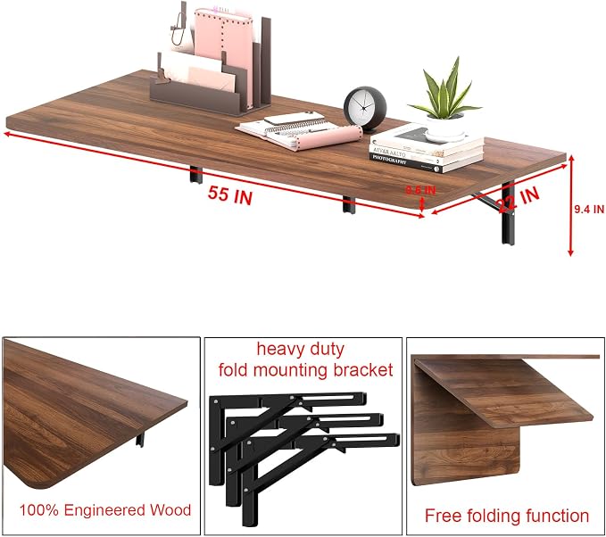 IAE 48x22in Floating Fold Desk,Wall-Mounted Folding Computer Table,Walnut | Study Table with Shelf Brackets,Foldable Down Shelf with Engineered Wood,Fold Computer Desk for Small Apartment,Holds 507 lb