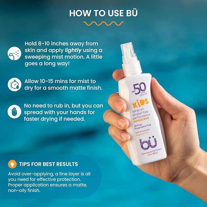 BU SPF 50 Kids Sunscreen Spray for Face and Body, Non Aerosol Spray, Fragrance Free, Clear, Non Greasy, Water Resistant, Fragrance Free 3.3 oz