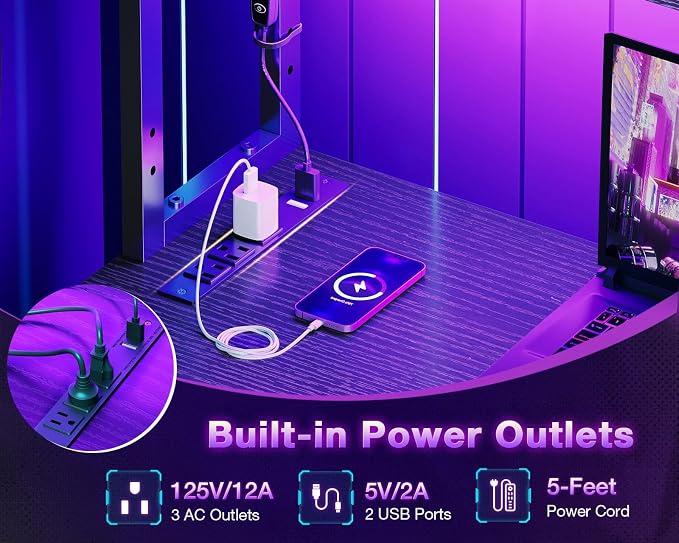 ODK 43" L Shaped Gaming Desk with Shelves, LED & Outlets, Black | Reversible L-shape. LED gaming lights & USB. Headset hook & storage bag. Fits dorms, small bedrooms & compact apartments.