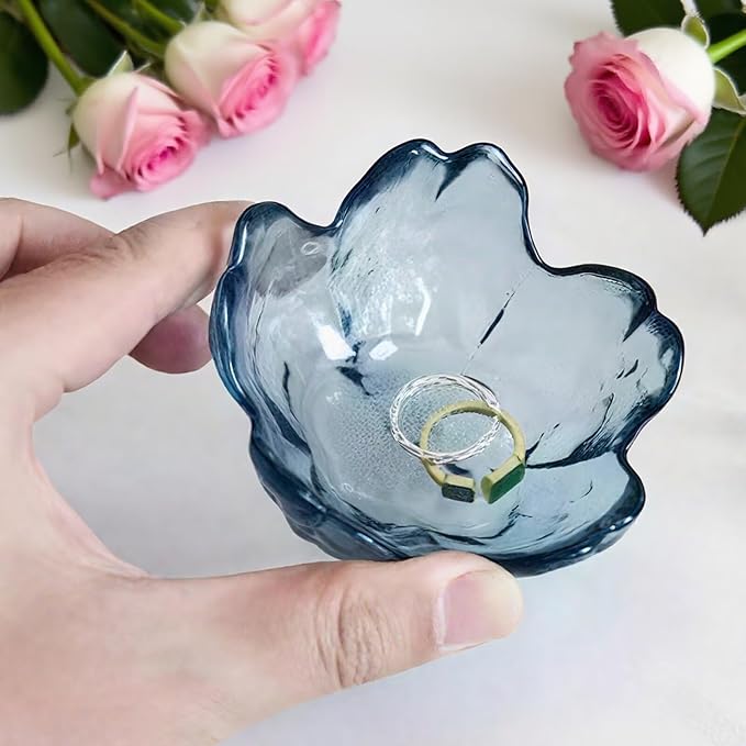Blue Crystal Flower Jewelry Ring Dish, Clear Trinket Bowl, Cute Nightstand Decor Ring Holder for Women, Home Decor Gifts for Women, Wedding, Birthday, Mother's Day