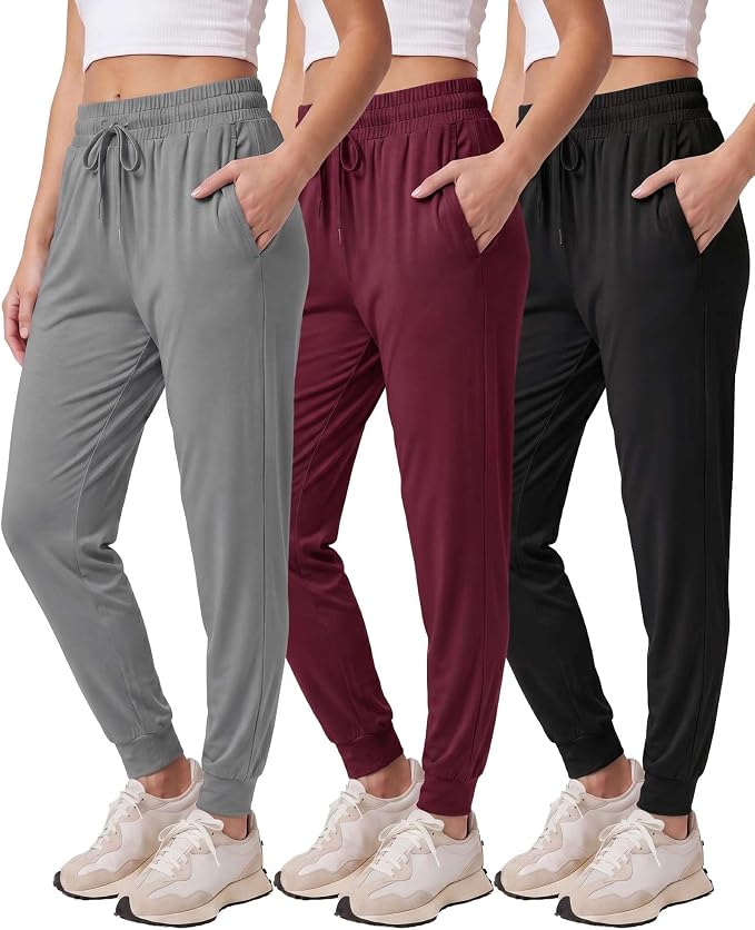 3 Pack Women's Lounge Joggers Sweatpant Active Athletic Yoga Workout Pocket | Available in Plus Size, Ladies Casual, Drawstring Gym Pants, Sleep Bottoms, Hiking, Running, Fitness, Exercise, Pajama, Soft