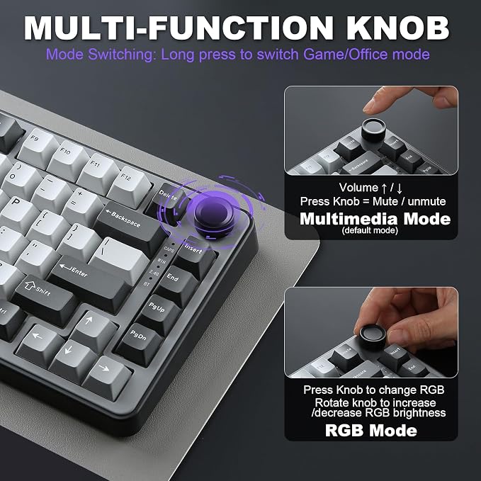 YUNZII B75 PRO 75% Wireless Mechanical Keyboard (Dark Grey,Milk Switch) | Hot Swap Keyboard with Knob, Gasket Mount, Creamy Pre-lubed Switch for Smooth Typing, BT/USB-C/2.4G, for Gaming