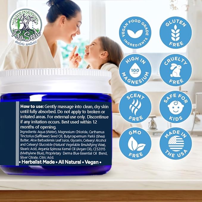 ProSeed Methylene Blue Magnesium Lotion with Yarrow, Turmeric, Frankincense, Vitamin E, Chamomile – Deep Moisturizing Cream for Face & Body – Bedtime & Post-Workout Massage for Kids, Men, Women - 2oz