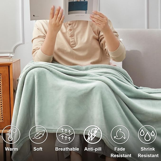 Hansleep Full Grey Green Fleece Blanket, Soft Flannel Bed Blanket | Fuzzy Cozy Blanket 84x90 Inches, Multi-use for Bed, Sofa, Couch, Travel, Camping, All Season Warm Lightweight Cover