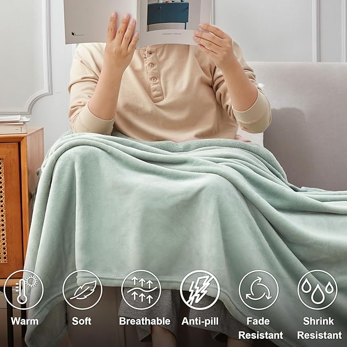 Hansleep Throw XL Grey Green Fleece Blanket, Soft Flannel Bed Blanket | Fuzzy Cozy Blanket 50x70 Inches, Multi-use for Bed, Sofa, Couch, Travel, Camping, All Season Warm Lightweight Cover