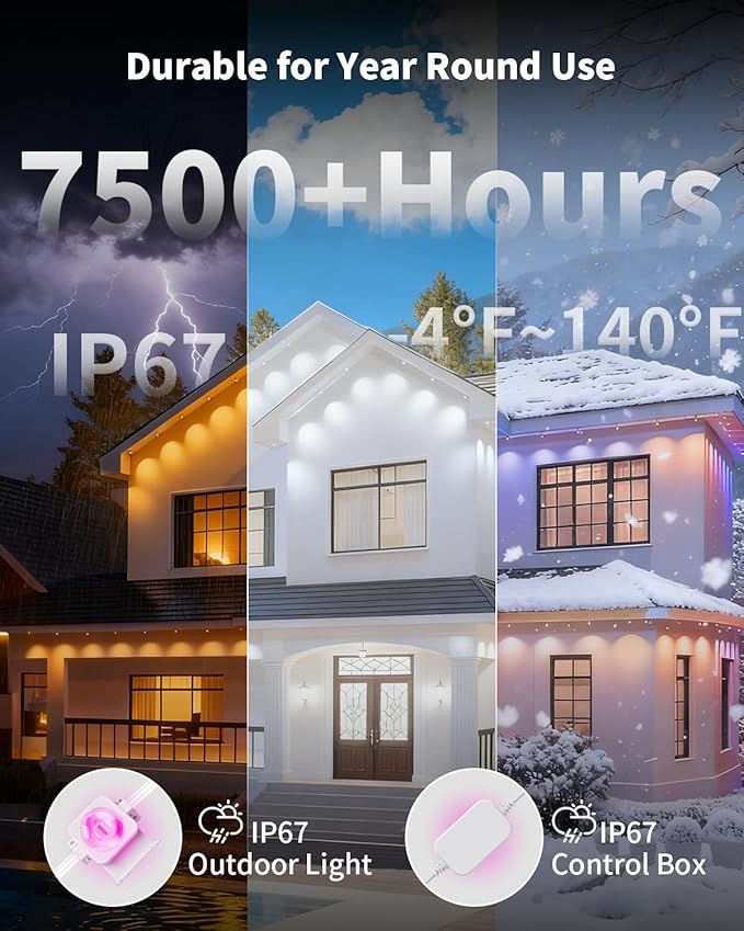 Permanent Outdoor Lights for House,100FT RGB IC Smart Permanent Eave Lighting with App/Remote Control,IP67 Waterproof,Music Sync,DIY Color Scenes,Year-Round Eaves Lighting for House Roof Decor