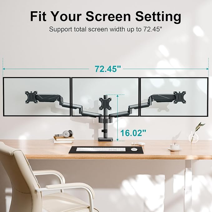 MOUNT PRO Triple Monitor Mount, 3 Monitor Desk Arm fits Three Max 27" LCD Computer Screens, up to 17.6lbs Each, Premium Gas Spring Display Stand with Tilt Swivel Rotation, Vesa Mount 75x75,100x100