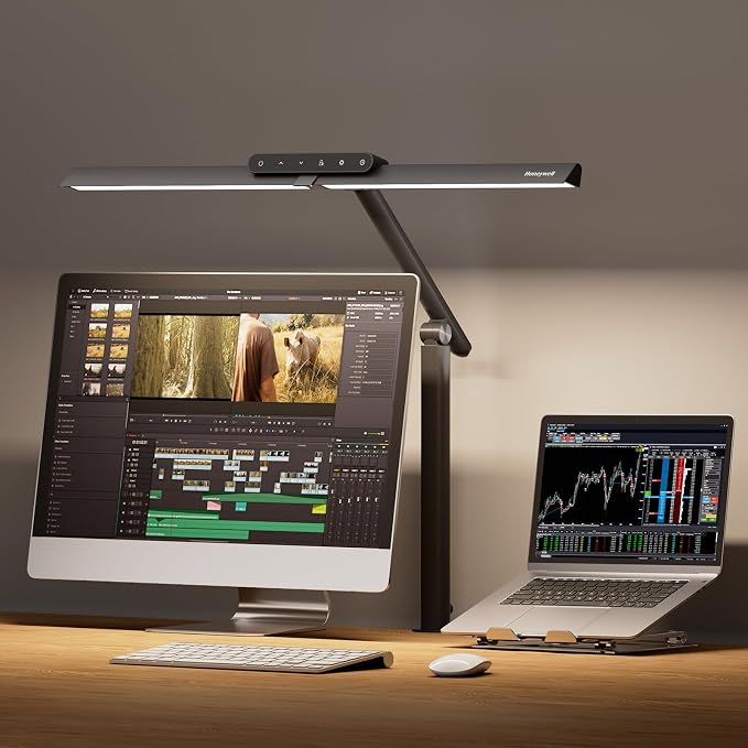 Honeywell HJ1 Sunturalux LED Clamp Desk Lamp 1200LM for Home Office | CRI≥97, 3000K-5700K, Low Blue Light, Flicker-Free, Dimmable Task Desk Light for Computer, Black