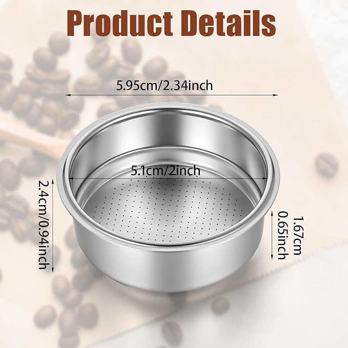 2 Pcs Stainless Steel Coffee Filter, 51mm Pressurized Espresso Filter Basket for Portafilter Machines Espresso Machine Parts Compatible with 51mm Portafilter Coffee Machines (1 Cup+2 Cups)