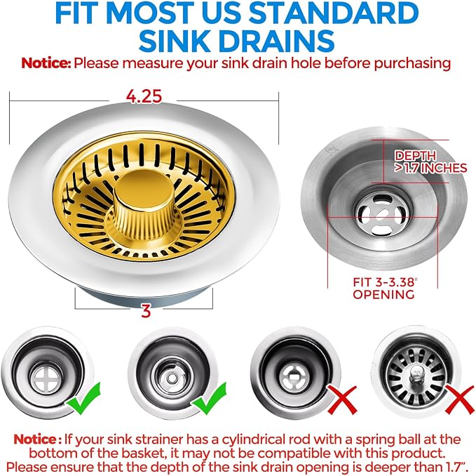 zaa 3 in 1 Kitchen Sink Drain Strainer Stopper Removable Basket Pop-Up | Kitchen Sink Accessories 1 Pack Gold Stainless - Food Catcher, Odor-Blocking Seal, Fits 3.5" Drain