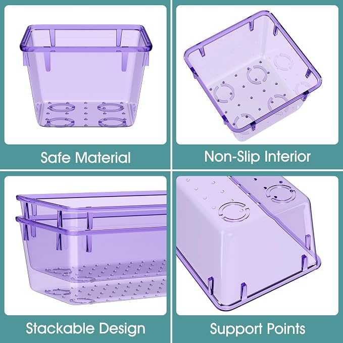 WOWBOX 25 PCS Plastic Drawer Organizer Set, Desk Drawer Divider Organizers and Storage Bins for Makeup, Jewelry, Gadgets for Kitchen, Bedroom, Bathroom, Office, Clear Purple