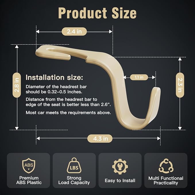 Amooca 4-Pack Car Headrest Hooks –Holds 55lbs Vehicle Storage Organizer for Purses Handbags Groceries Coats 360° Rotating Simple Design Beige