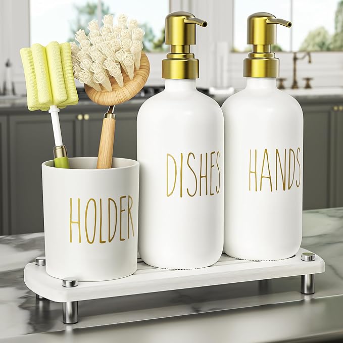 Cisily Gold Kitchen Soap Dispenser Set with Dish Brush Holder, Dish and Hand Soap Dispenser Set with Stainless Steel Pumps, Instant Dry Tray, Suitable for Kitchen Decor and Accessories(Gold&White)