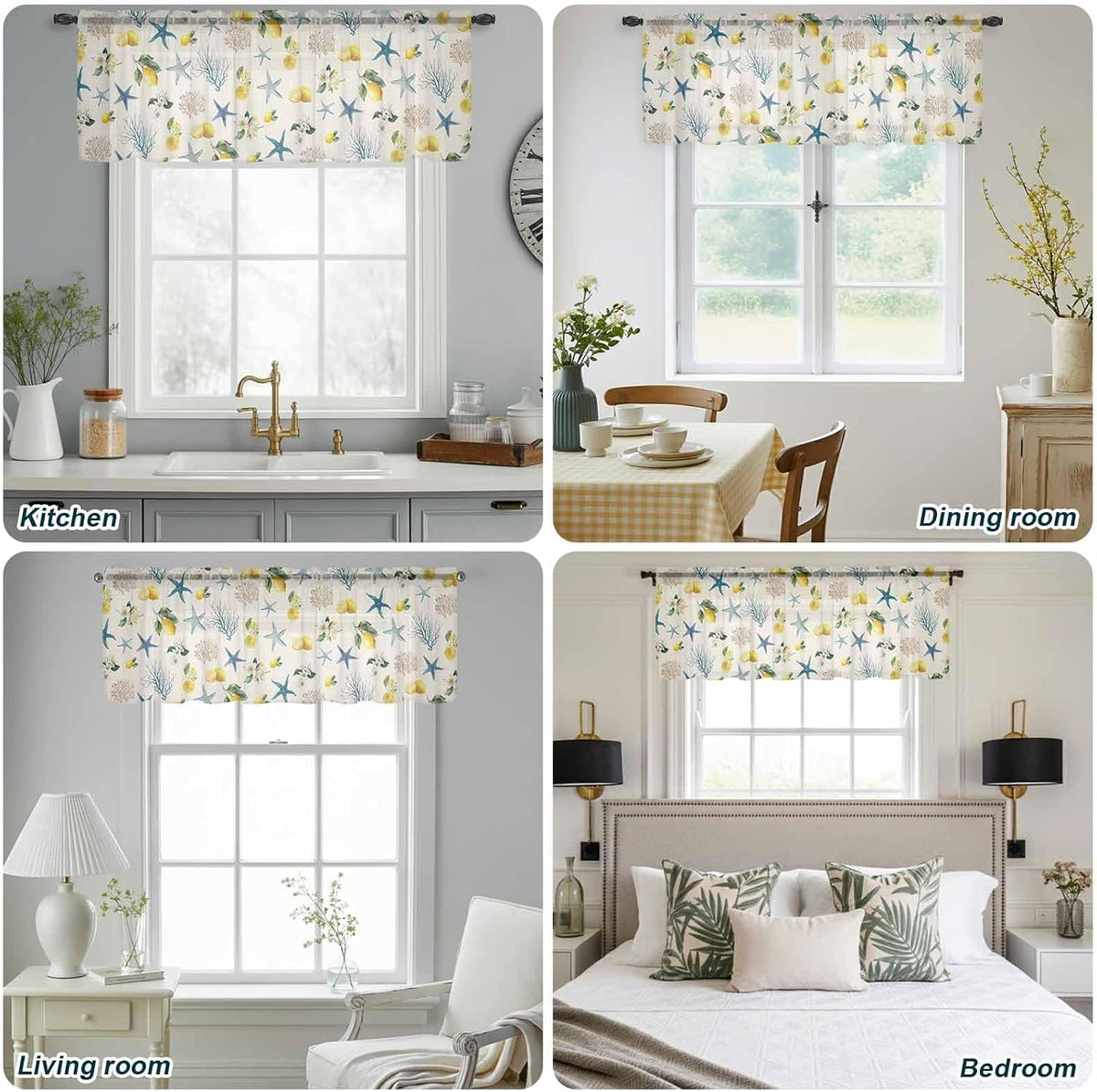 Summer Ocean Starfish Sheer Curtains Valances for Windows Lemons Coastal Coral Flowers Beige Chiffon Kitchen Valances for Cafe, Voile Window Treatments Curtains for Living Room Bedroom, 54"x18"