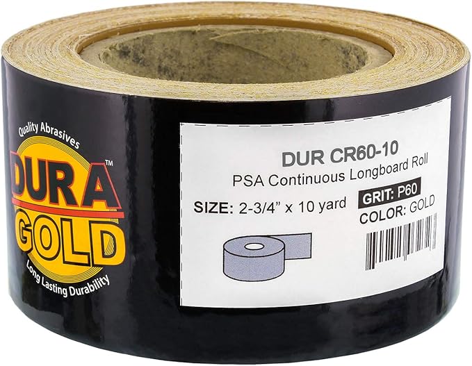 Dura-Gold Premium Gold 60 Grit PSA Longboard Sandpaper, 10 Yard Roll, 2-3/4" Wide, Self Adhesive Stickyback, Woodworking & Automotive Sandpaper Roll, Air File Sand Paper, Auto Sanding Blocks