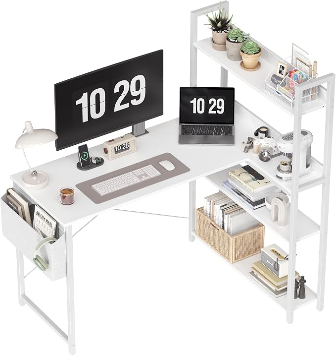 Treesland 40 Inch Computer Desk with Bookshelf, Corner Desk with Storage, L Shaped Desk, Home Office Desks, Writing Study Desk for Bedroom, White