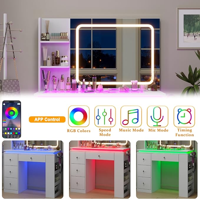 White Vanity Desk with Illuminated Mirror & Power Outlet, Bedroom Dresser LED Mirror Stepless Dimmable & 3 Color Modes Adjustable RGB Drawers, for Women Girls Bedroom（Pure White
