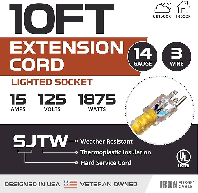 Iron Forge Cable Weatherproof 10 Ft Outdoor Extension Cord - 14/3 SJTW 15 Amp Heavy Duty Yellow Extension Cord 3 Prong - Lighted End